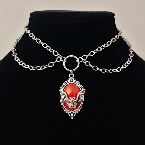 Hand Crafted Jewelry - Hand Crafted Red Bat Pendant Choker Necklace